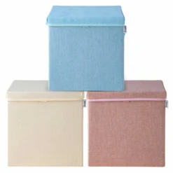 Aufbewahrungsbox 3er-Set, beige hellblau & rosa, mit Deckel, 33x33x33cm
