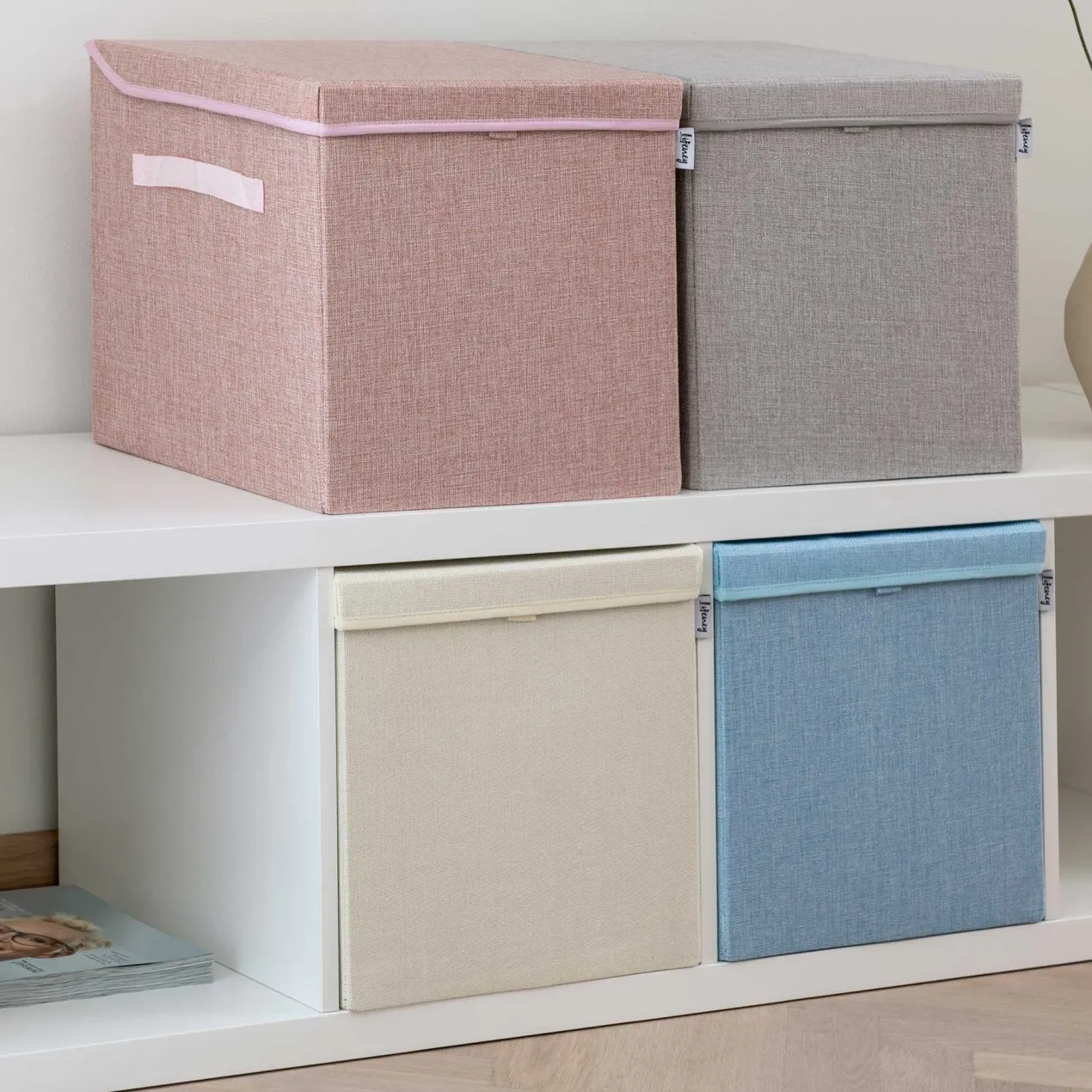 Aufbewahrungsbox 2er-Set, beige, mit Deckel, 33x33x33cm