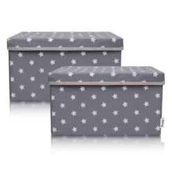 Aufbewahrungsbox 2er-Set mit Deckel, Sterne, grau, 25x37x21cm