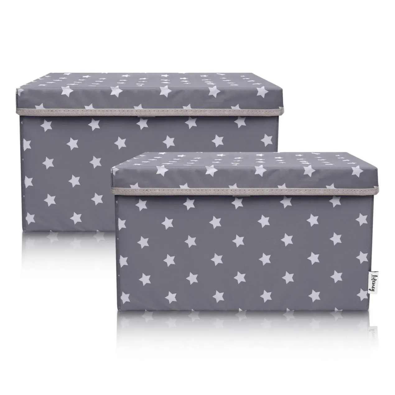 Aufbewahrungsbox 2er-Set mit Deckel, Sterne, grau, 25x37x21cm