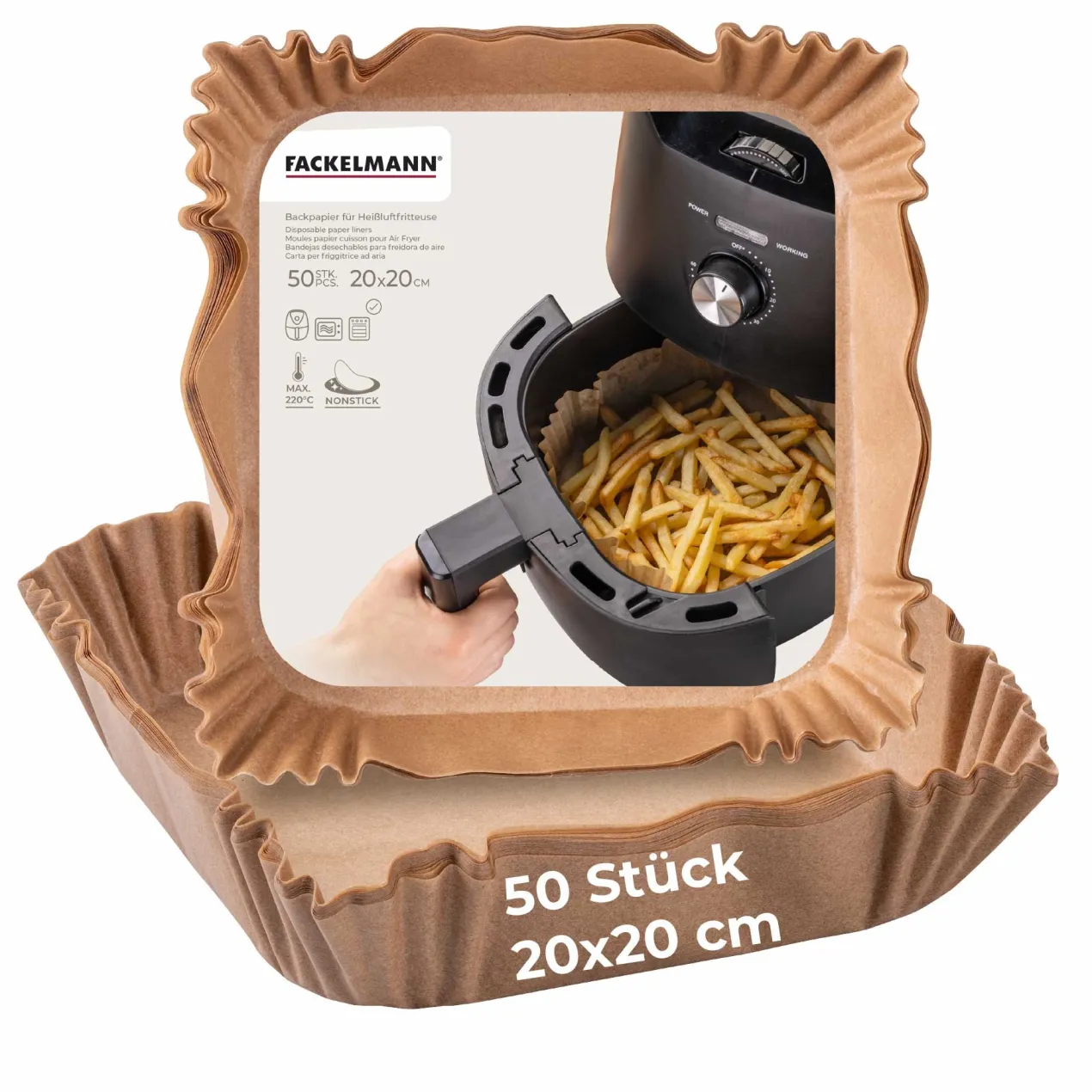 Backpapier für Heißluftfritteuse eckig, 20cm, 50 Stk.
