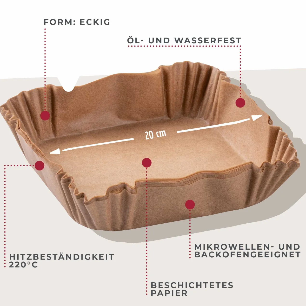 Backpapier für Heißluftfritteuse eckig, 20cm, 50 Stk.