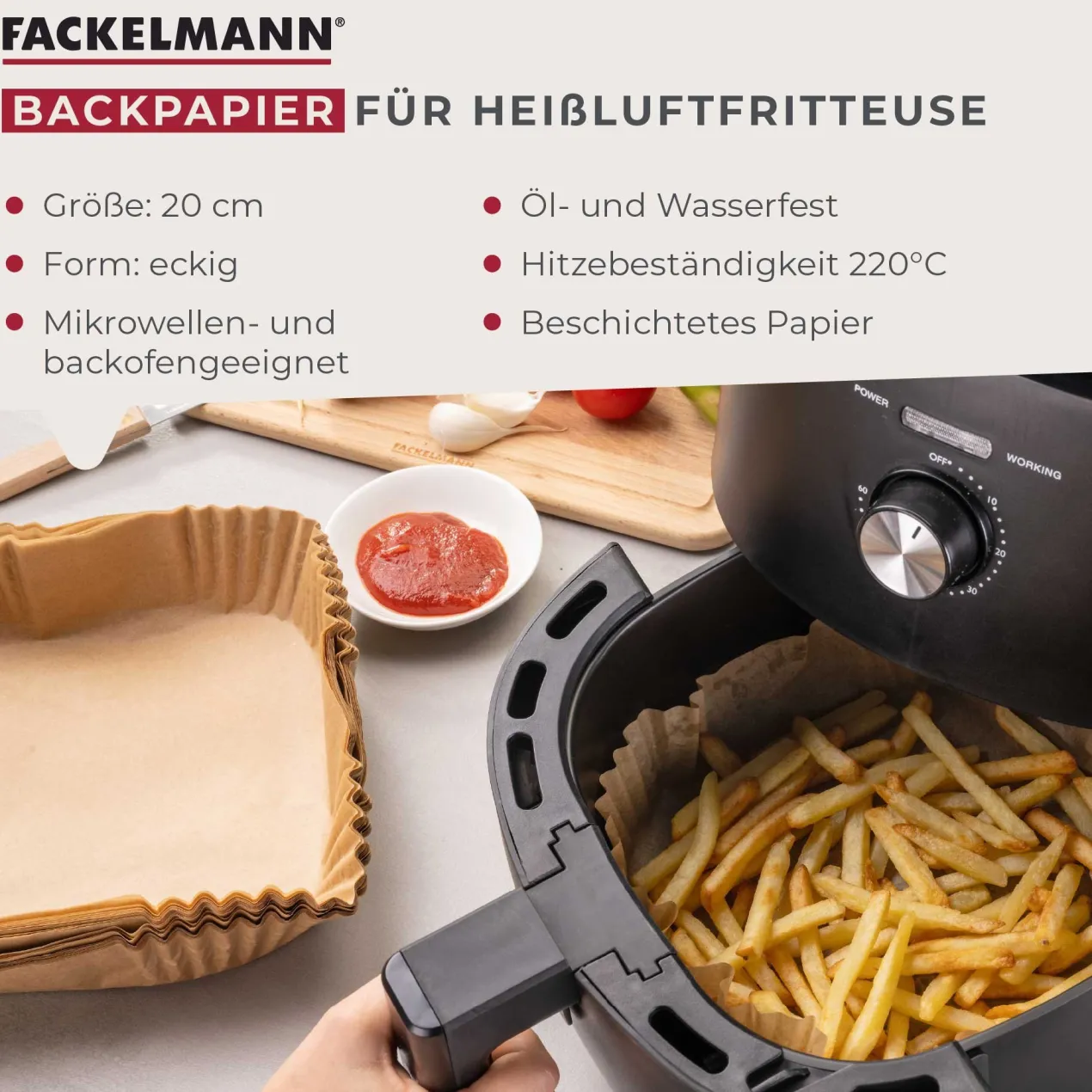 Backpapier für Heißluftfritteuse eckig, 20cm, 50 Stk.