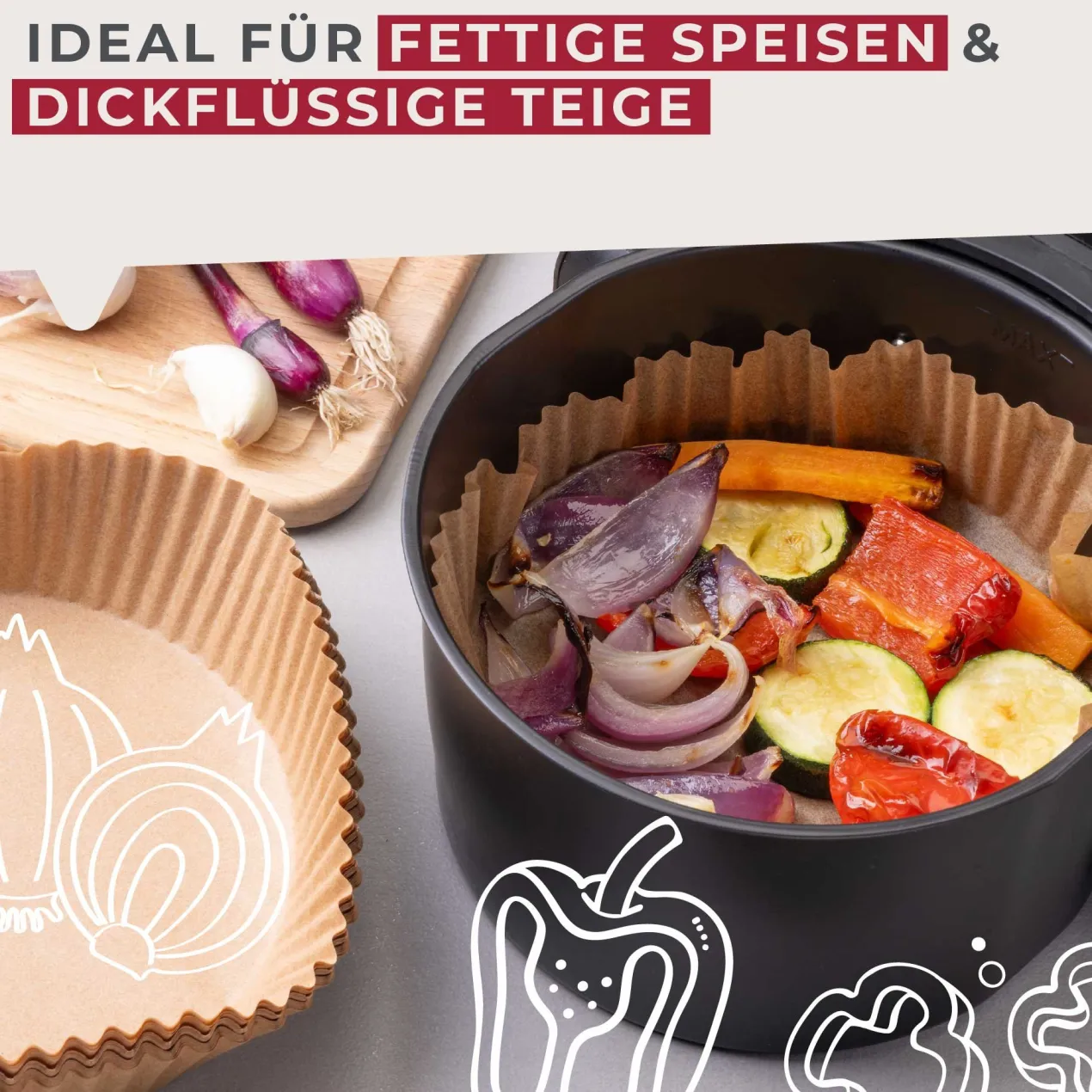Backpapier für Heißluftfritteuse, rund, 16x16x4,5cm, 40 Stk.