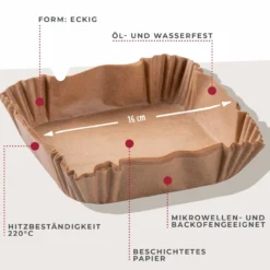 Backpapier für Heißluftfritteuse eckig,16x16x4,5cm, 40 Stk.