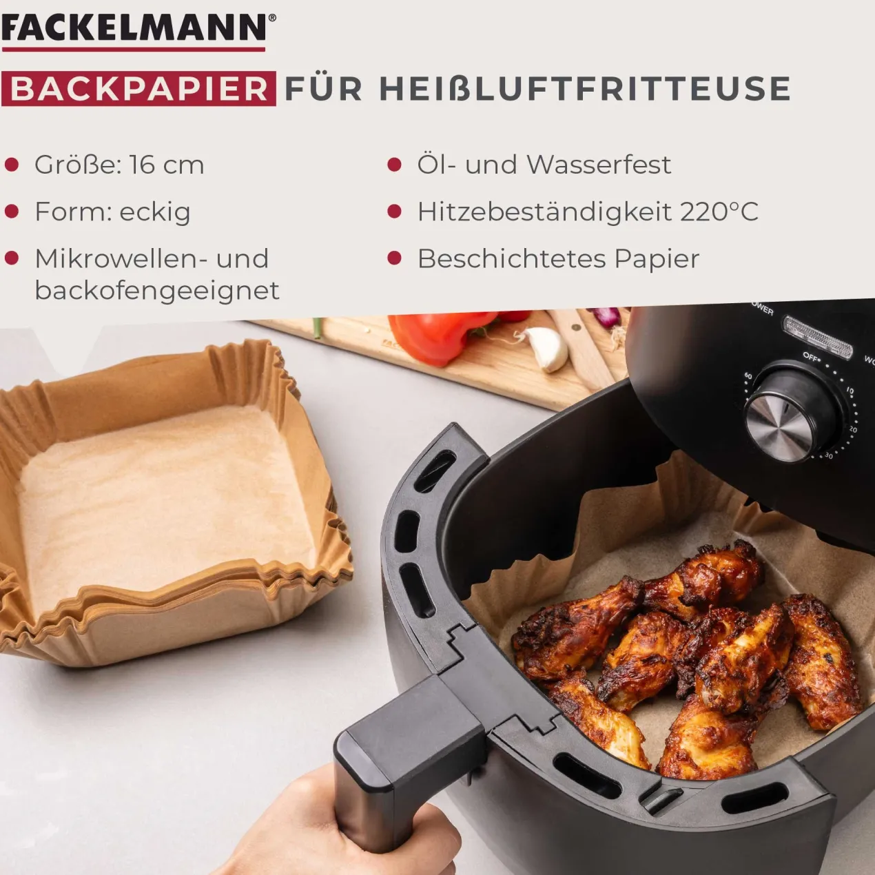 Backpapier für Heißluftfritteuse eckig ,16cm, 50 Stk.