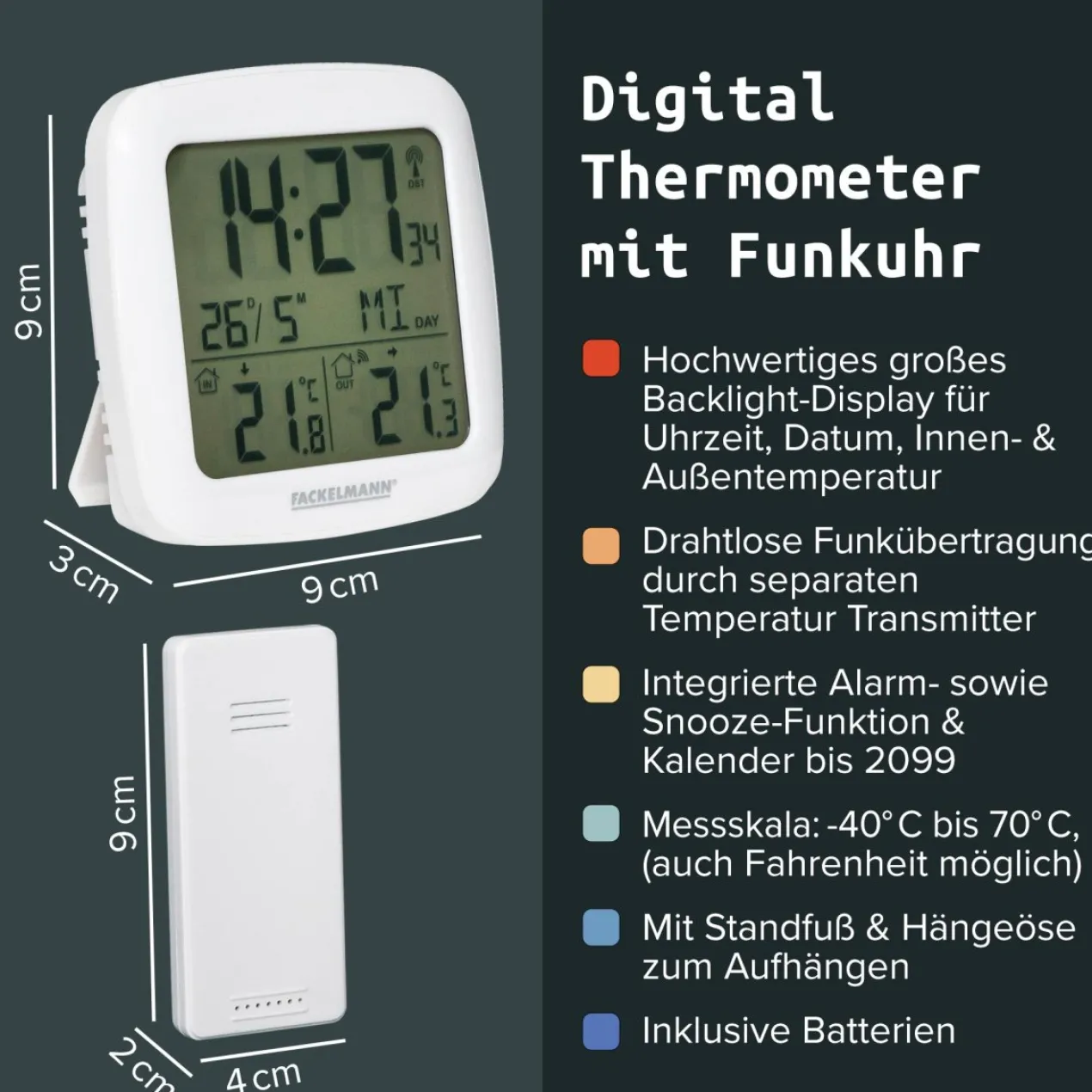 Digital Thermometer mit Funkuhr, 2-teilig