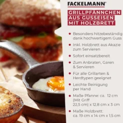 Grillpfännchen Gusseisen mit Holzbrett, rund, Ø12cm