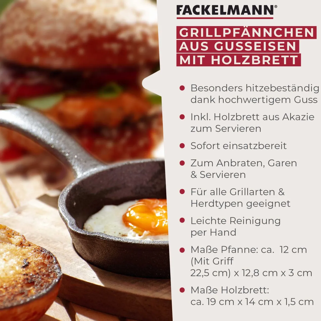 Grillpfännchen Gusseisen mit Holzbrett, rund, Ø12cm