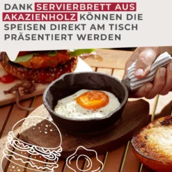 Grillpfännchen Gusseisen mit Holzbrett, rund, Ø12cm