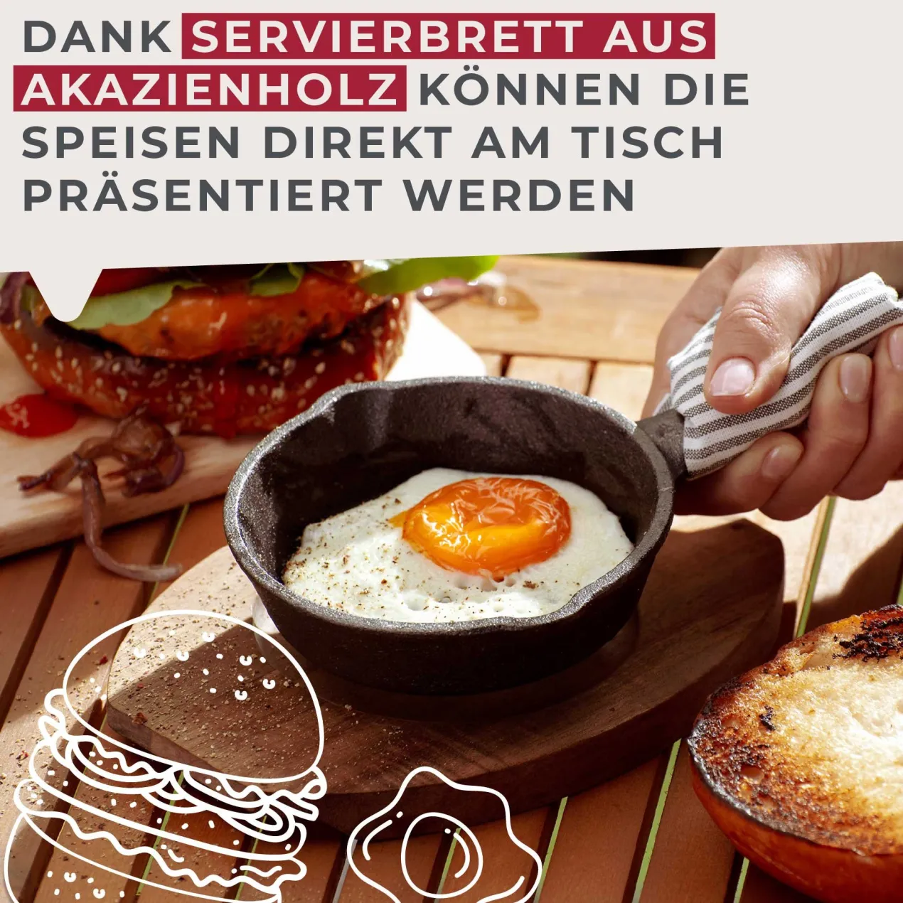 Grillpfännchen Gusseisen mit Holzbrett, rund, Ø12cm