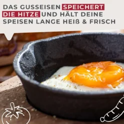 Grillpfännchen Gusseisen mit Holzbrett, rund, Ø12cm