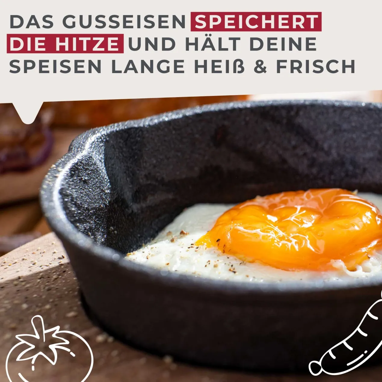 Grillpfännchen Gusseisen mit Holzbrett, rund, Ø12cm