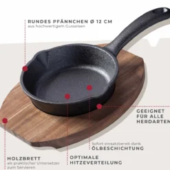 Grillpfännchen Gusseisen mit Holzbrett, rund, Ø12cm