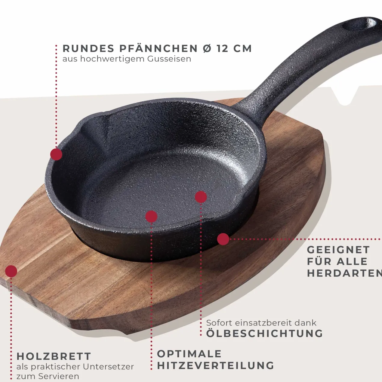 Grillpfännchen Gusseisen mit Holzbrett, rund, Ø12cm