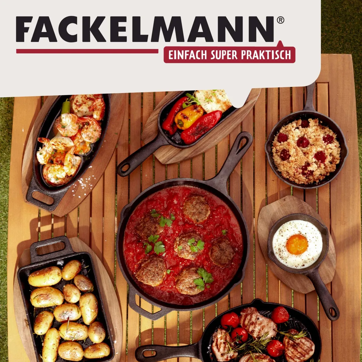 Grillpfännchen Gusseisen mit Holzbrett, rund, Ø12cm