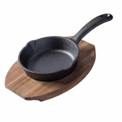 Grillpfännchen Gusseisen mit Holzbrett, rund, Ø12cm