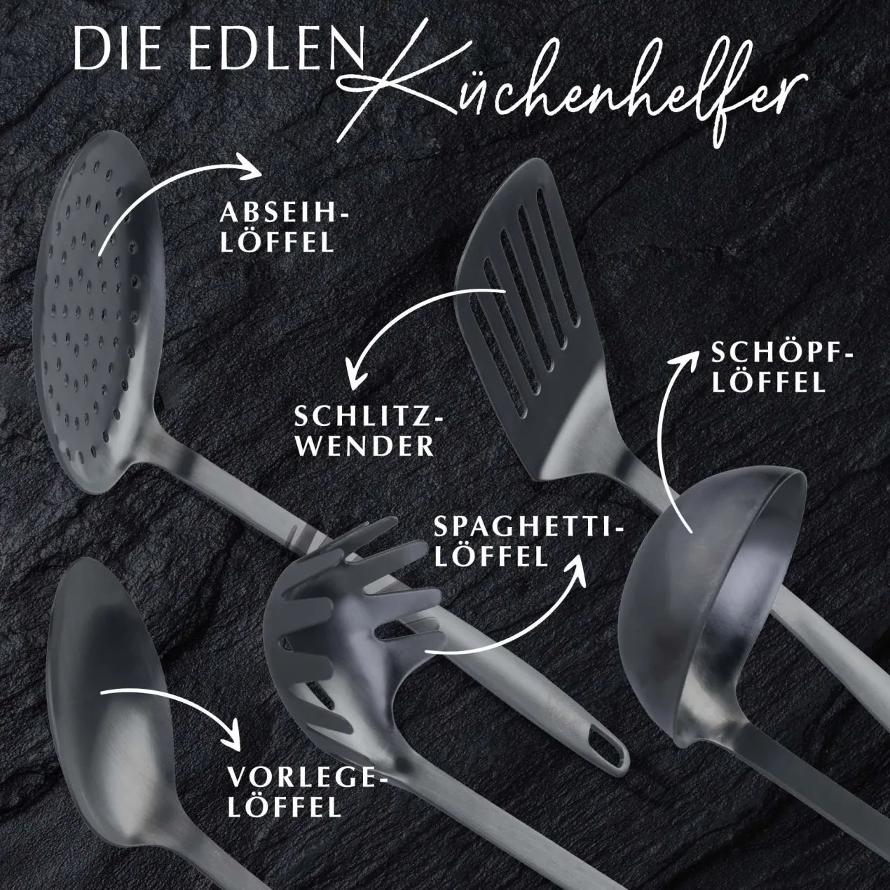 Küchenhelfer-Set Satin, 5-teilig, Schwarz, Edelstahl