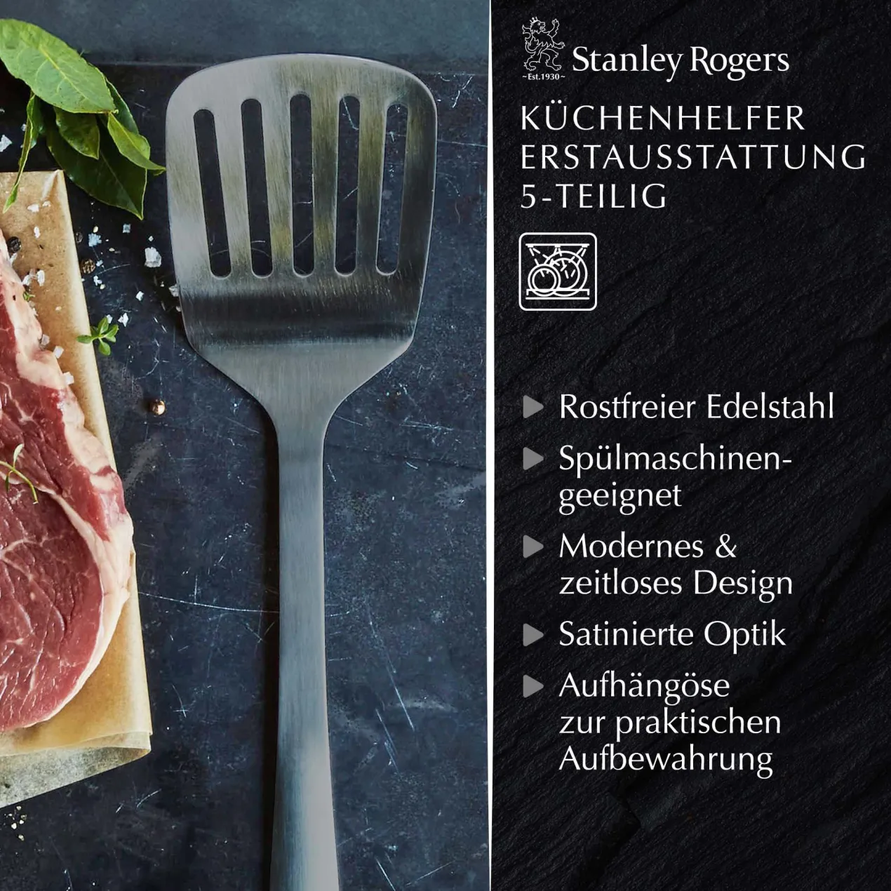 Küchenhelfer-Set Satin, 5-teilig, Schwarz, Edelstahl