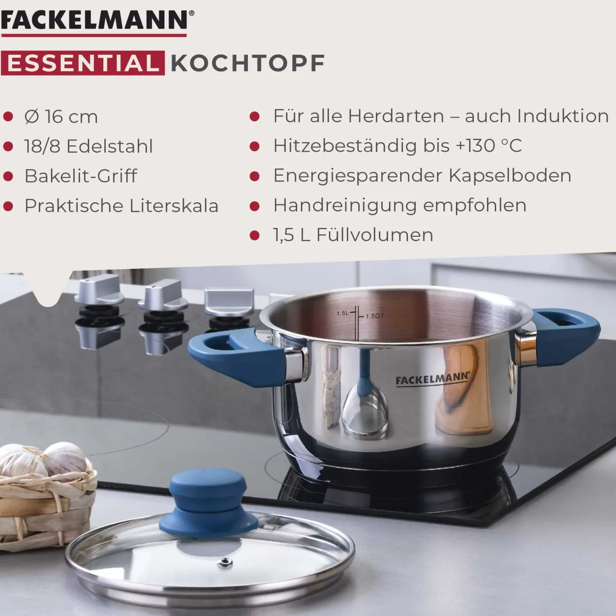 Kochtopf mit Deckel Essential, Ø16cm, blau