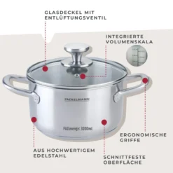 Kochtopf mit Deckel Ovalgriff, Ø20cm, 3L, Edelstahl