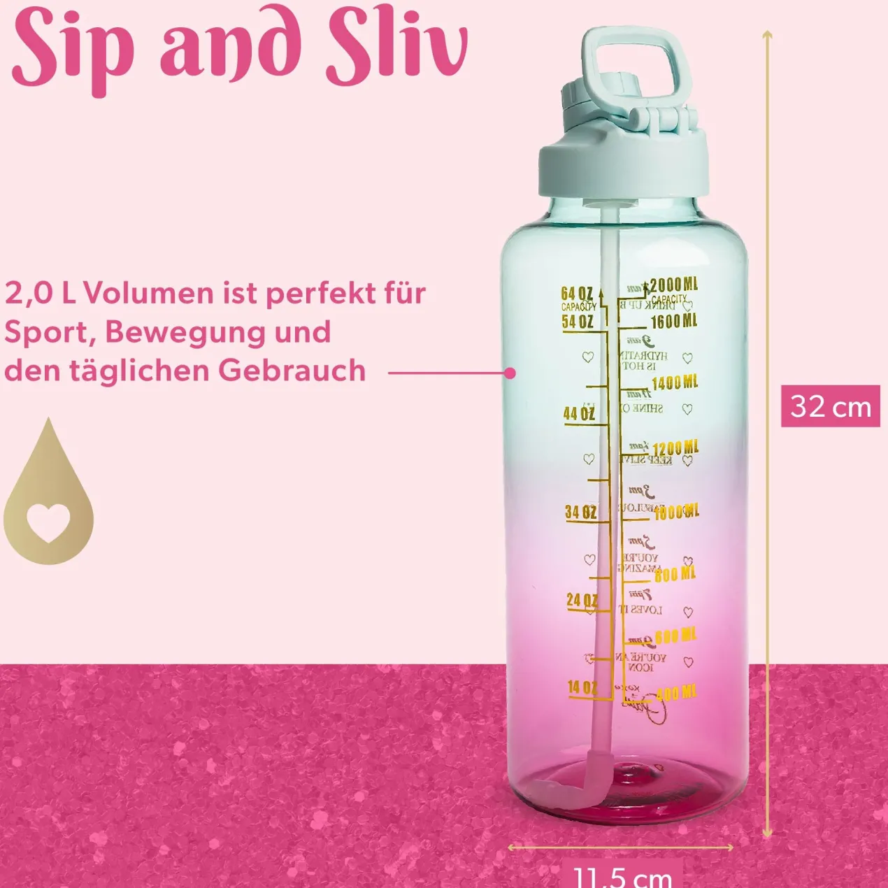 Motivations-Trinkflasche Pink/Blau, 2L