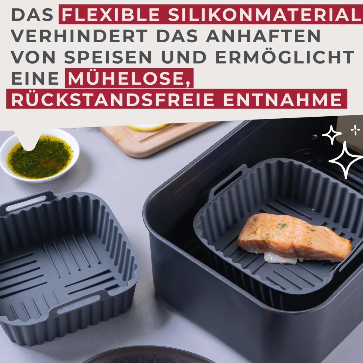 Silikonform für Heißluftfritteuse eckig, gerillt, 15x15x5cm