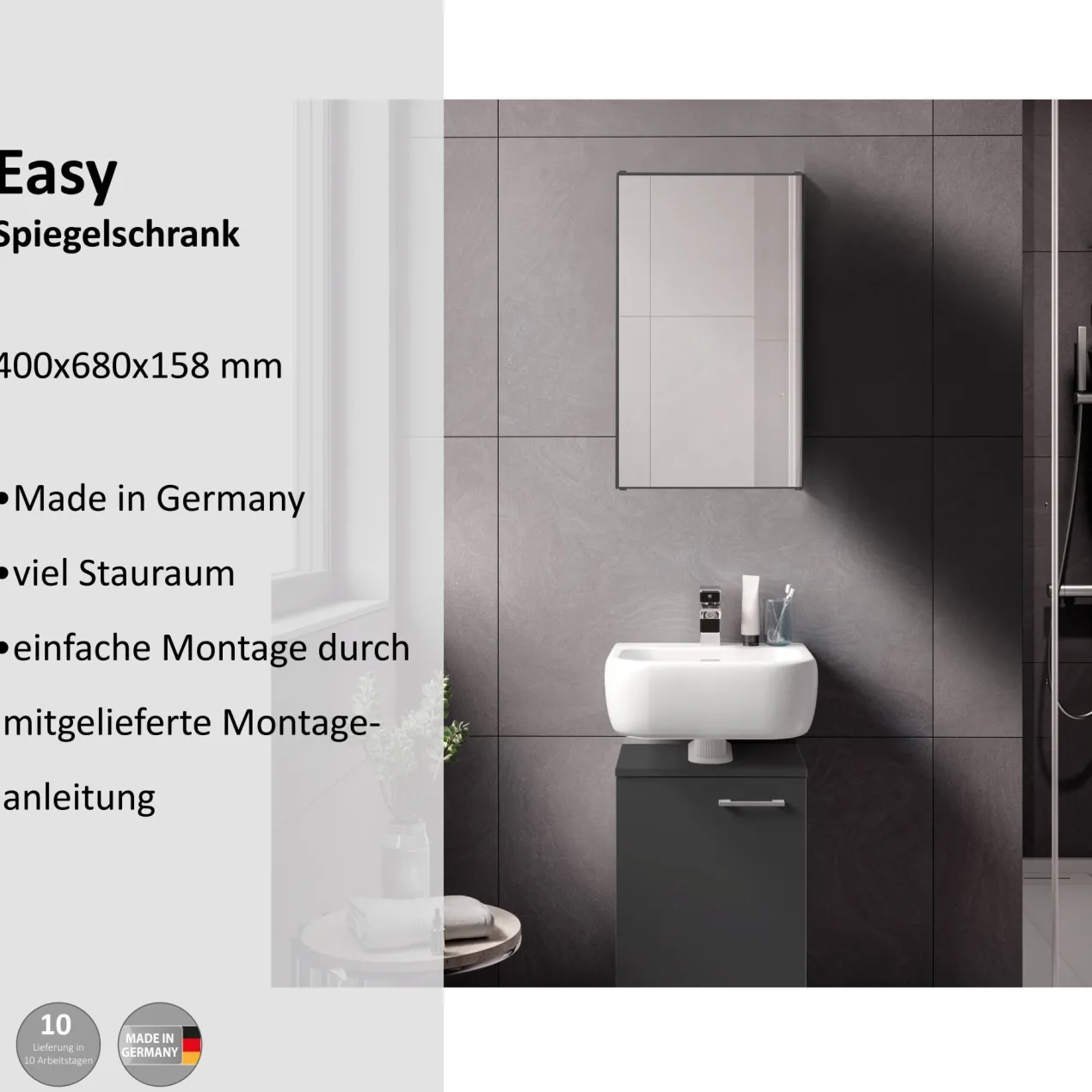 Spiegelschrank Easy, 40cm, Anthrazit