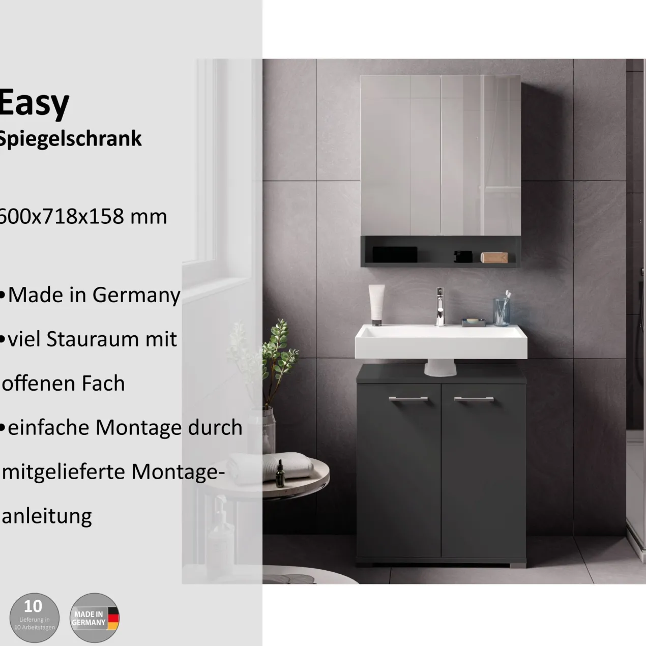 Spiegelschrank Easy, 60cm, Anthrazit
