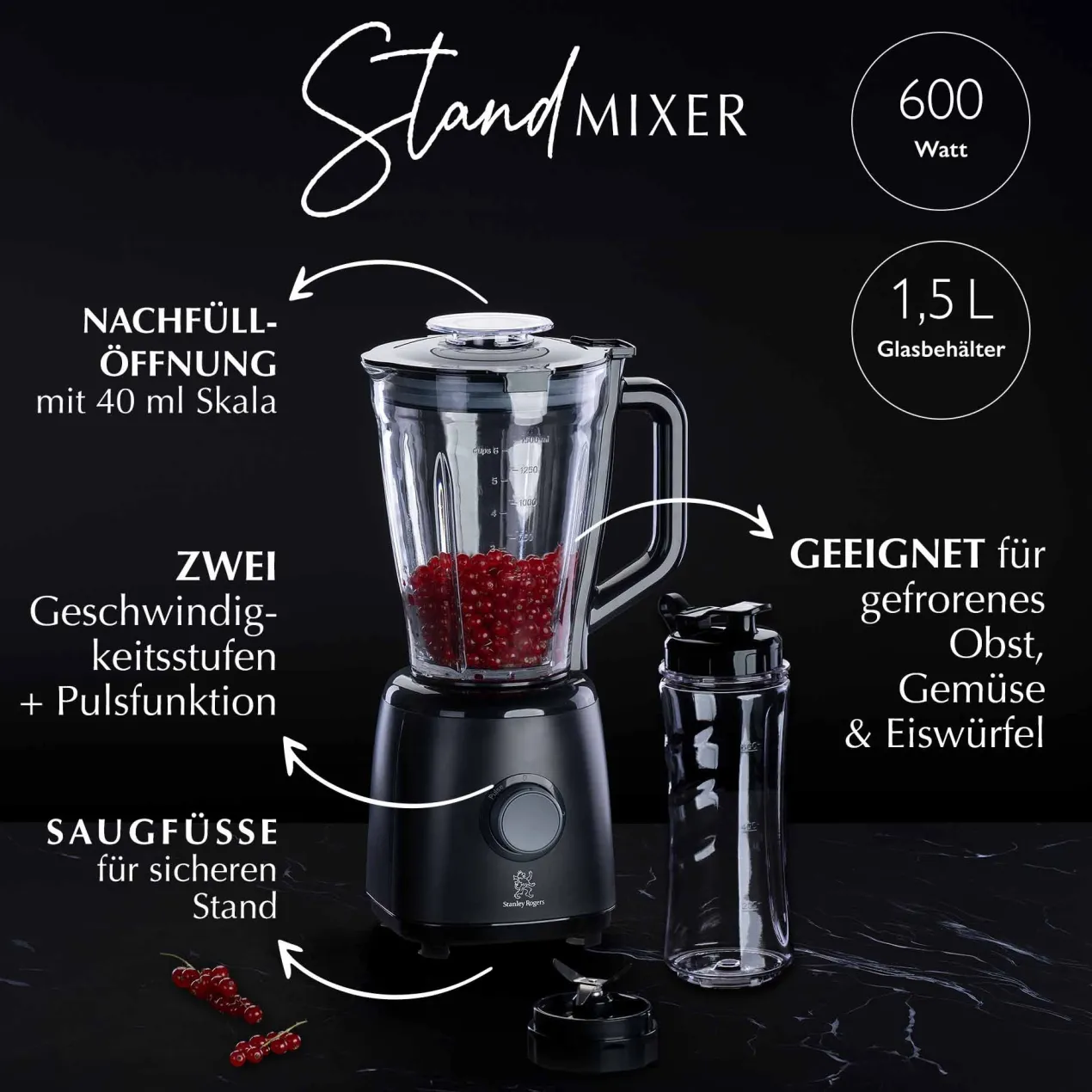 Standmixer, Glas, 1,5L, 600W