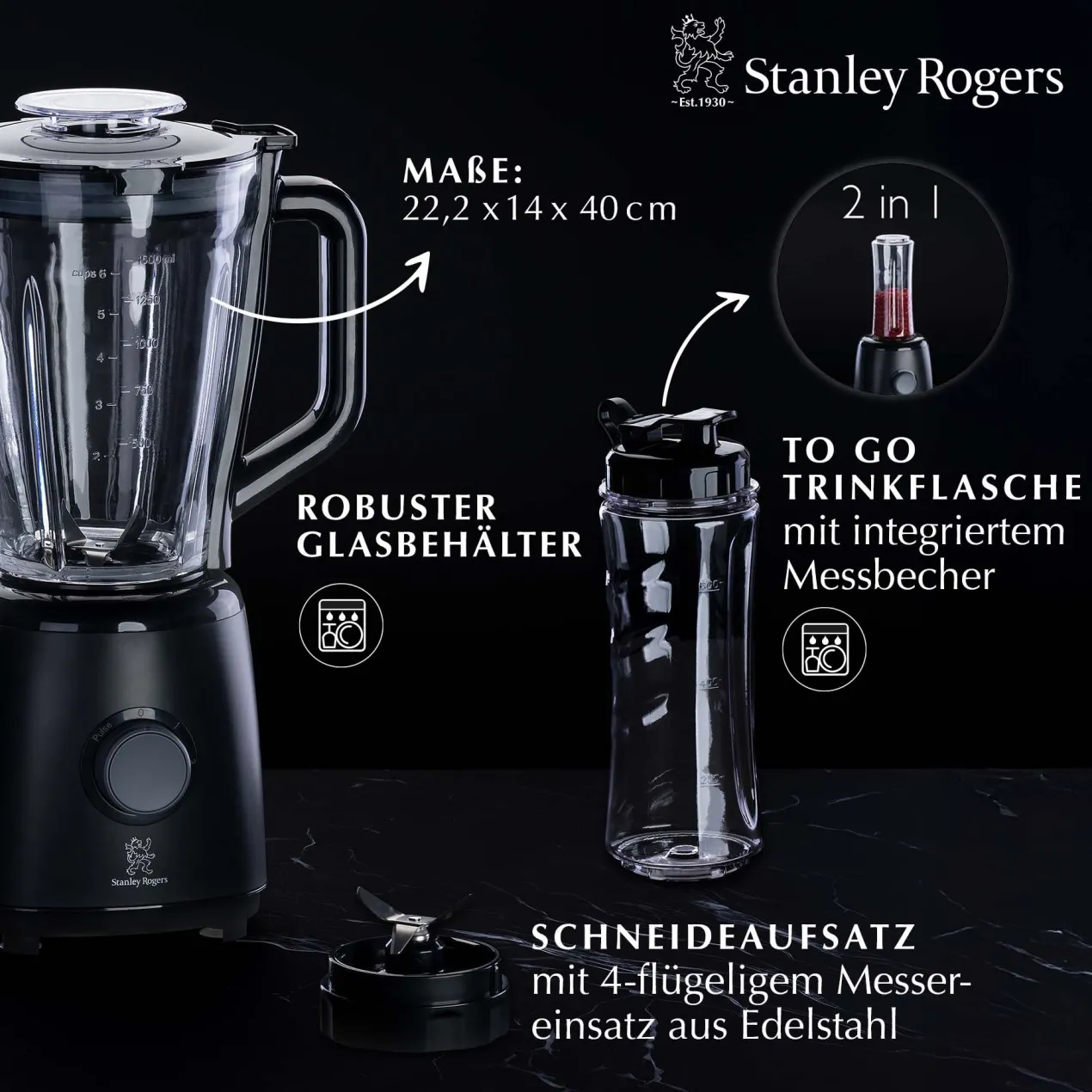 Standmixer, Glas, 1,5L, 600W