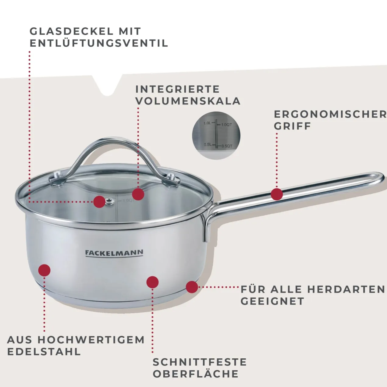 Stielkasserolle mit Deckel Lara, Ø16cm, Edelstahl