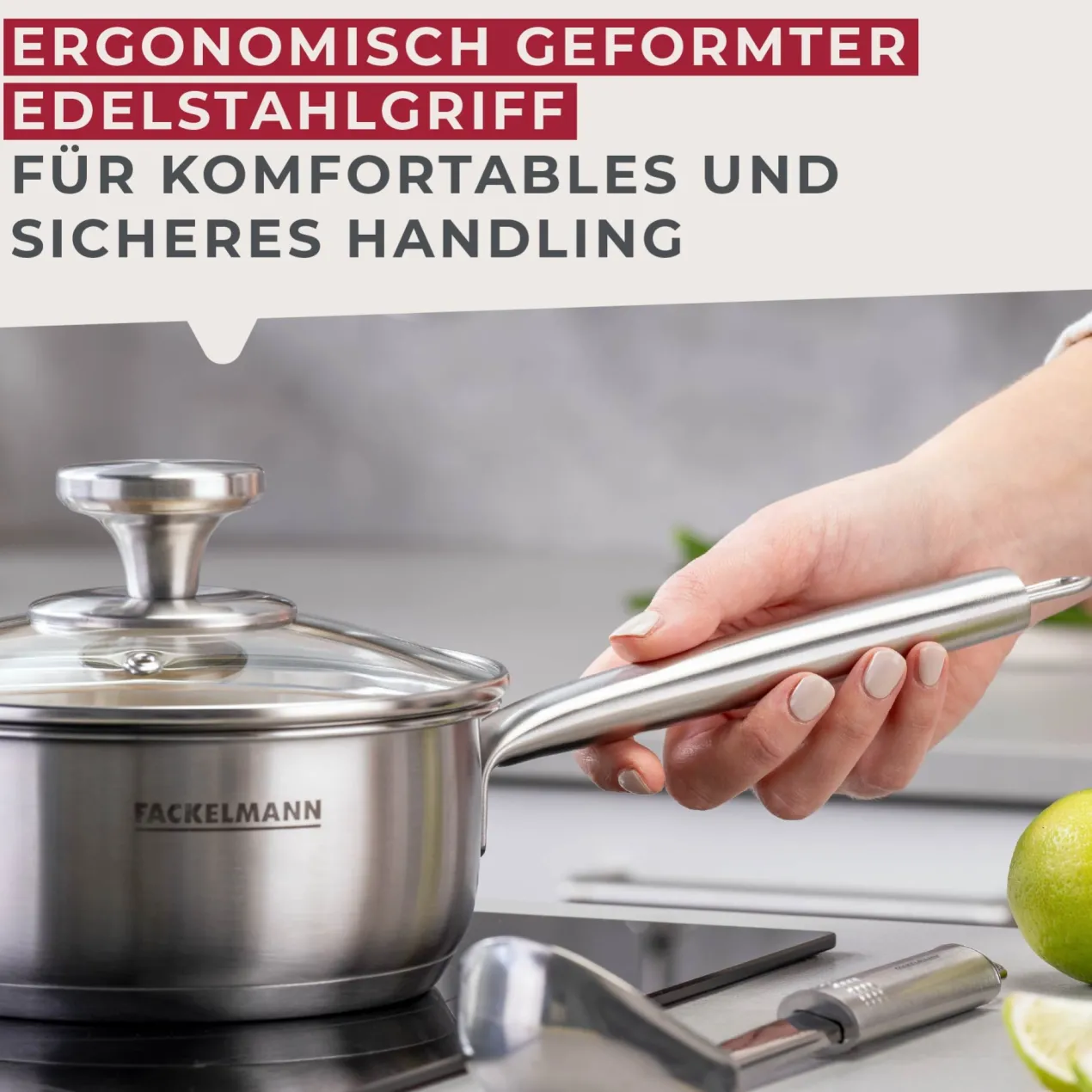 Stielkasserolle mit Deckel Ovalgriff, Ø16cm, Edelstahl
