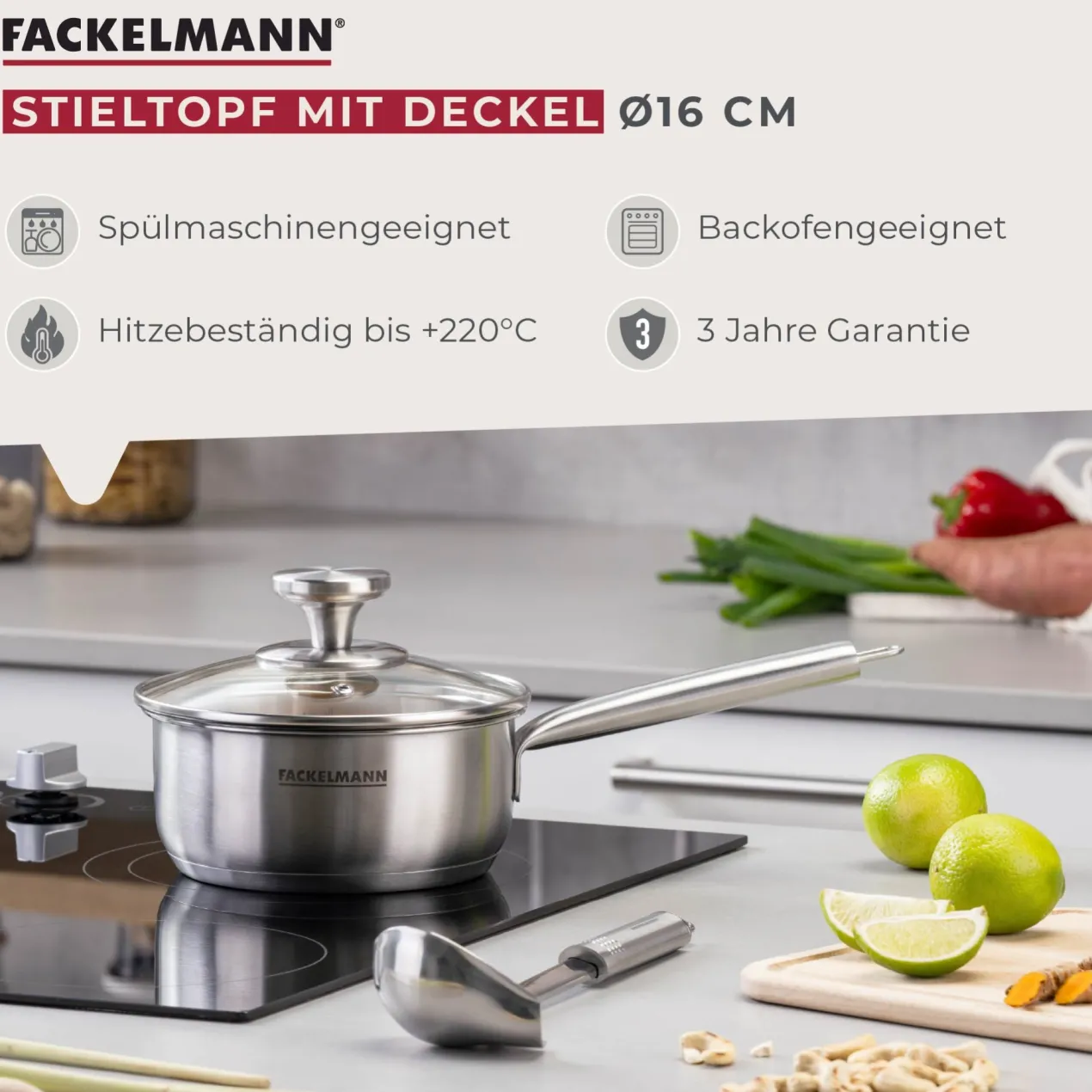 Stielkasserolle mit Deckel Ovalgriff, Ø16cm, Edelstahl