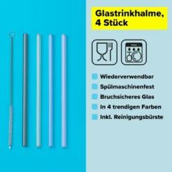 Strohhalme wiederverwendbar, inkl. Reinigungsbürste, 4 Stück, Glas
