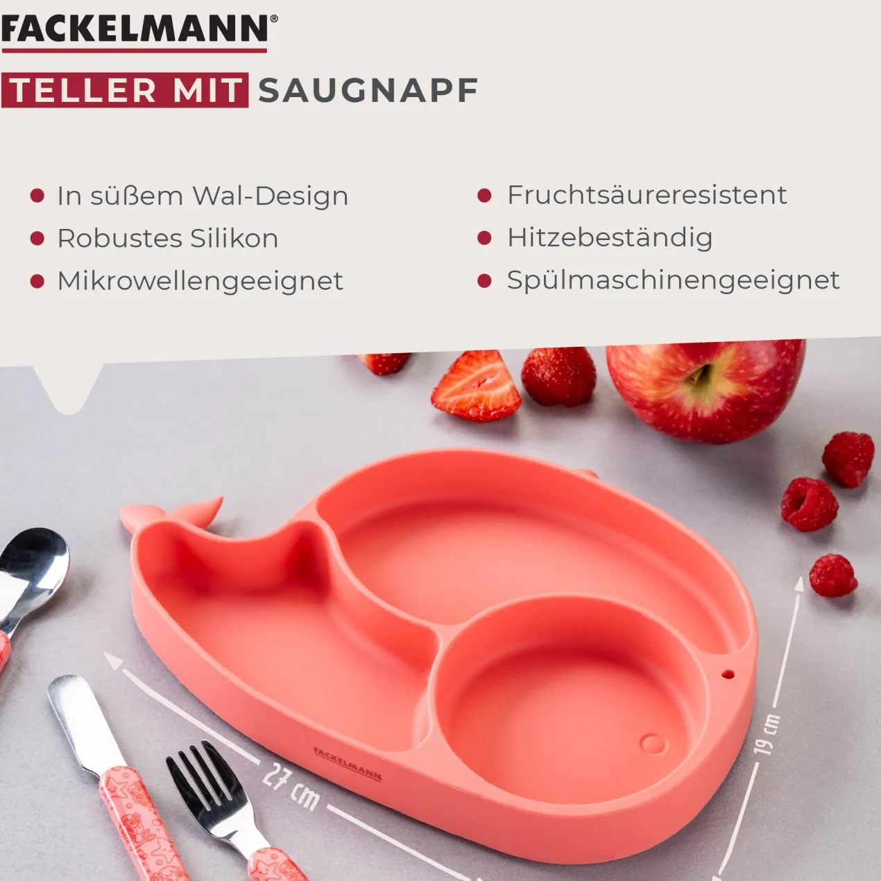 Teller mit Saugnapf Mini Cooking, Wal, unterteilt, Silikon