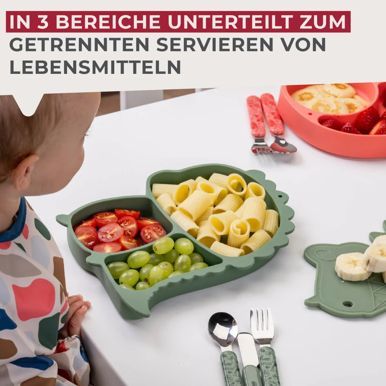 Teller mit Saugnapf Mini Cooking, Dino, unterteilt, Silikon