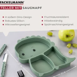 Teller mit Saugnapf Mini Cooking, Dino, unterteilt, Silikon