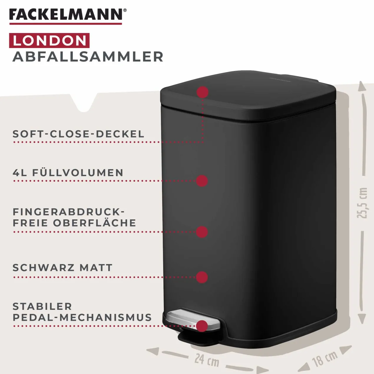 Tretmülleimer London, schwarz, 4L