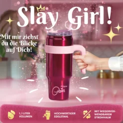 Trinkbecher mit Strohhalm-Deckel Herz, Rot, 1L