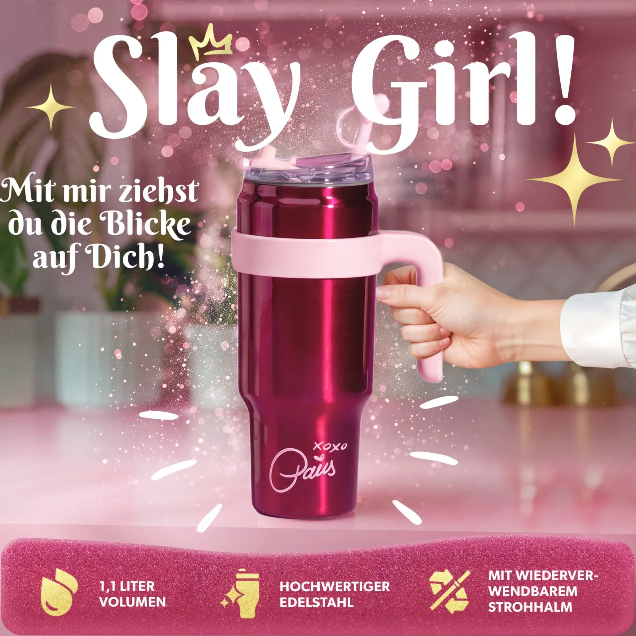 Trinkbecher mit Strohhalm-Deckel Herz, Rot, 1L