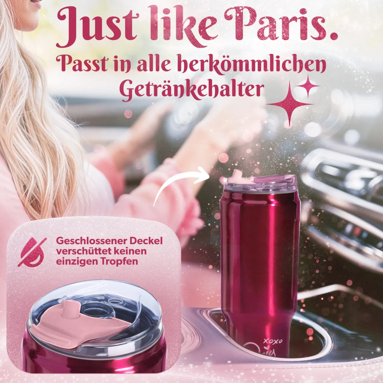 Trinkbecher mit Strohhalm-Deckel Herz, Rot, 1L