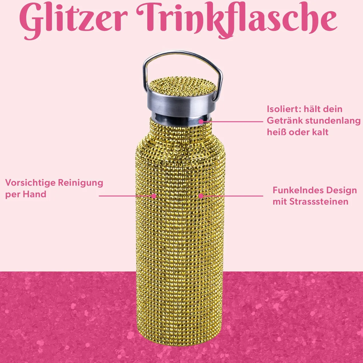 Trinkflasche Gold, Strass, 500ml