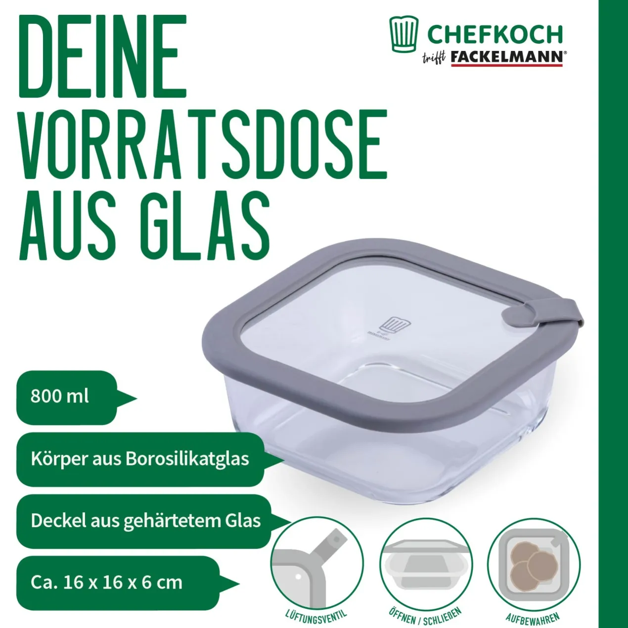 Vorratsdose Glas, eckig, 800ml