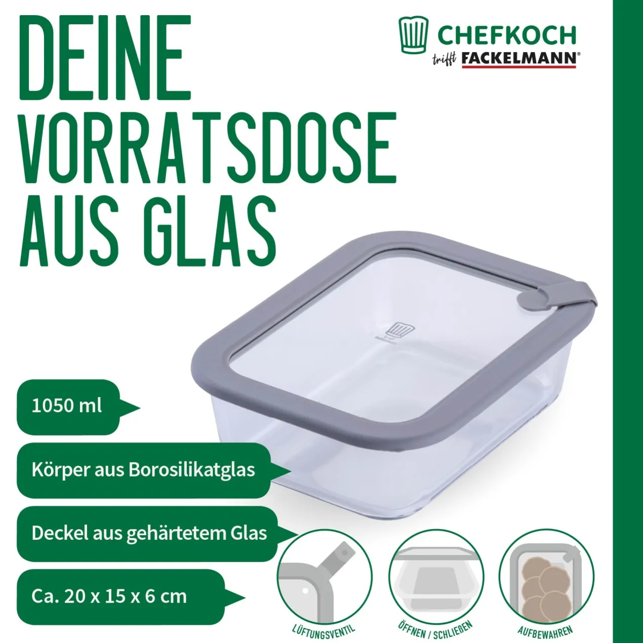Vorratsdose Glas, eckig, 1050ml