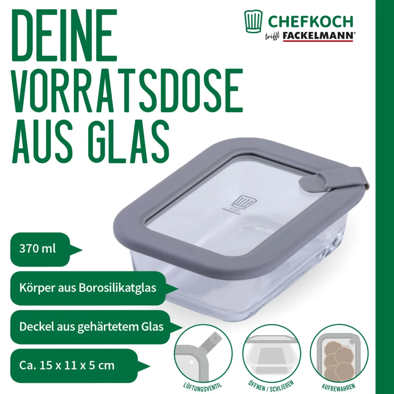 Vorratsdose Glas, eckig, 370ml